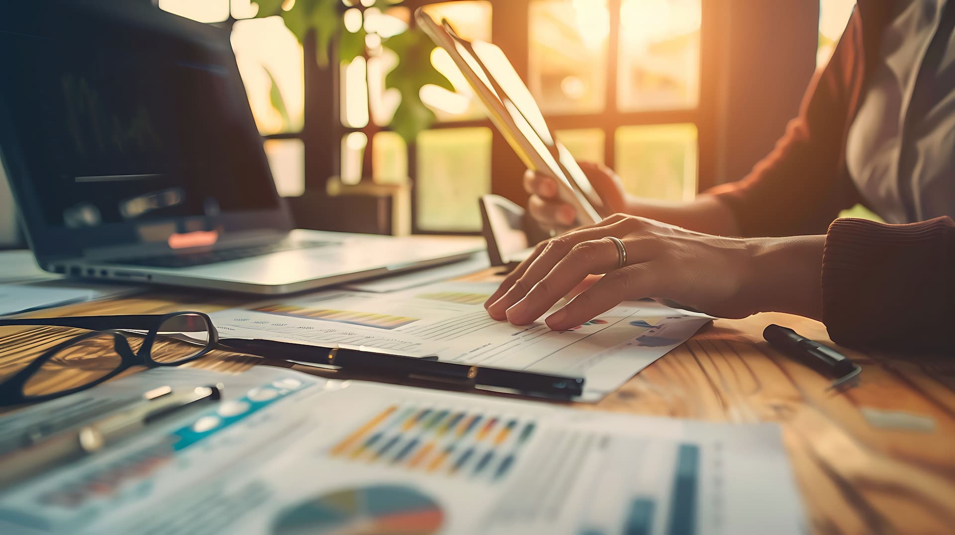 A person sitting at a desk with a laptop and papers showing charts on them